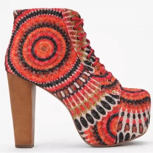 Jeffrey Campbell Shoes - Jeffrey Campbell Red and Orange Patterned Platform Boots